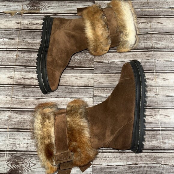 Stuart Weitzman Slip On Cap Toe Fox Fur Trim Suede Boots Size 7 Color Brown NEW - Picture 4 of 8